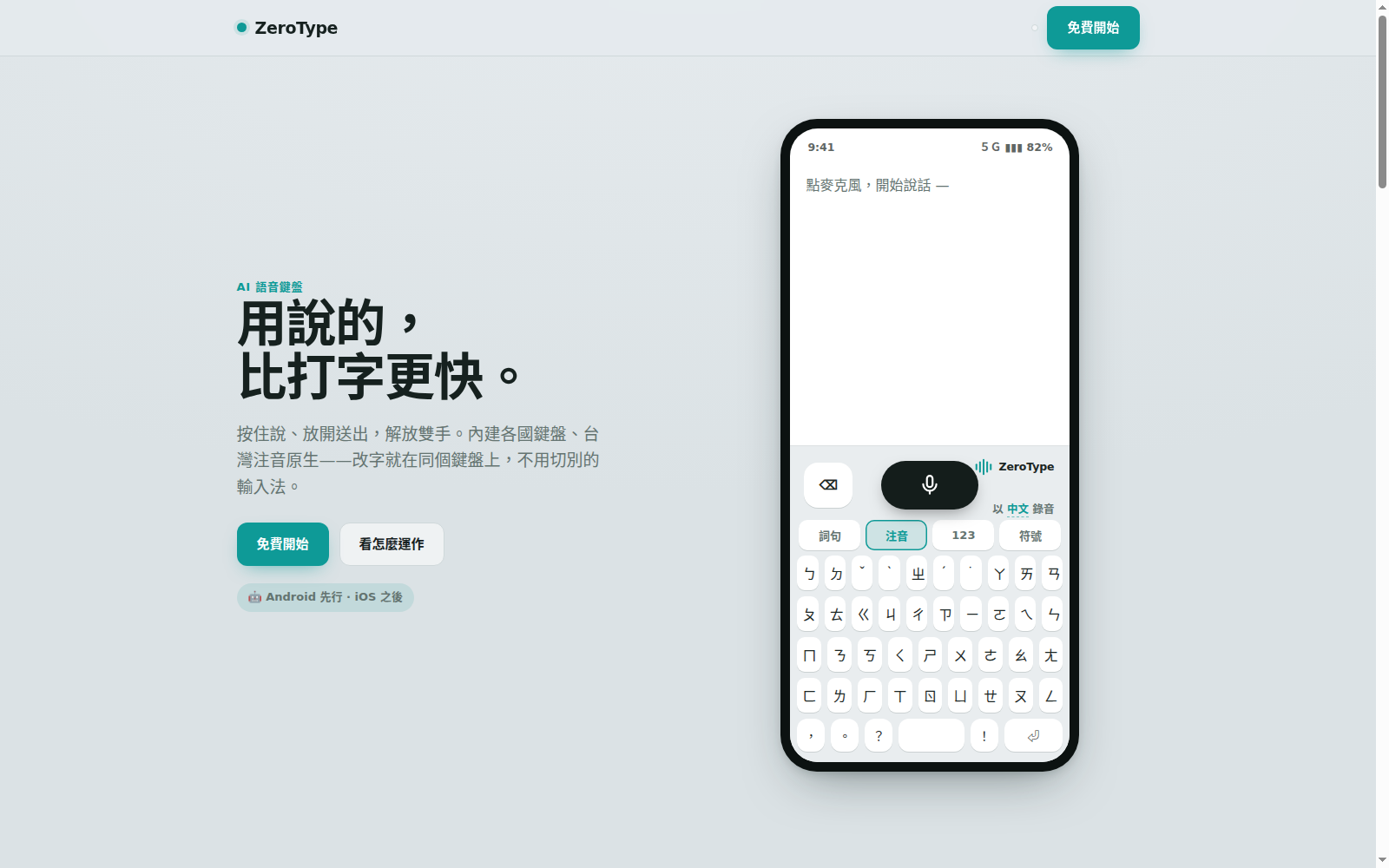 ZeroType 語音鍵盤：注音鍵盤與按住說話的語音輸入畫面，標語「用說的，比打字更快」